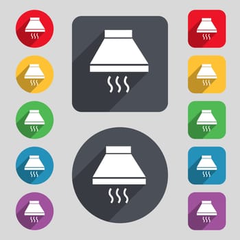 Kitchen hood icon sign. A set of 12 colored buttons and a long shadow. Flat design. 