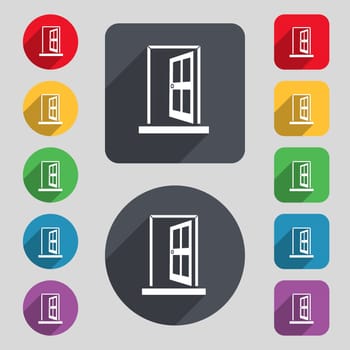 Door, Enter or exit icon sign. A set of 12 colored buttons and a long shadow. Flat design. 