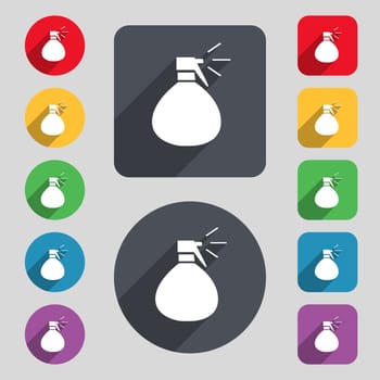 plastic spray of water icon sign. A set of 12 colored buttons and a long shadow. Flat design. 