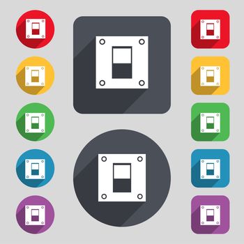 Power switch icon sign. A set of 12 colored buttons and a long shadow. Flat design. 