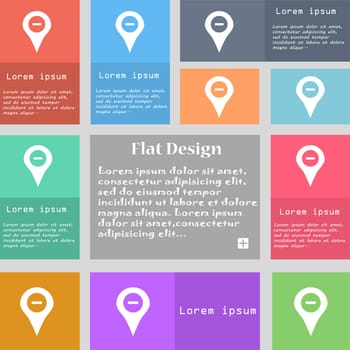 Minus Map pointer, GPS location icon sign. Set of multicolored buttons. Metro style with space for text. The Long Shadow illustration