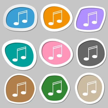 Music note sign icon. Musical symbol. Multicolored paper stickers. illustration