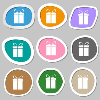 Gift box sign icon. Present symbol. Multicolored paper stickers. illustration