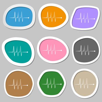 Cardiogram monitoring sign icon. Heart beats symbol. Multicolored paper stickers. illustration