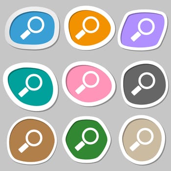 Magnifier glass sign icon. Zoom tool button. Navigation search symbol. Multicolored paper stickers. illustration