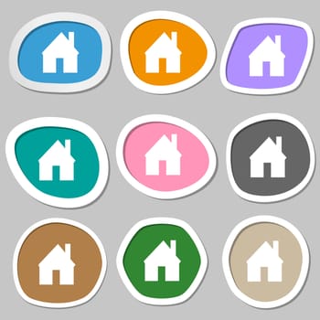 Home sign icon. Main page button. Navigation symbol. Multicolored paper stickers. illustration