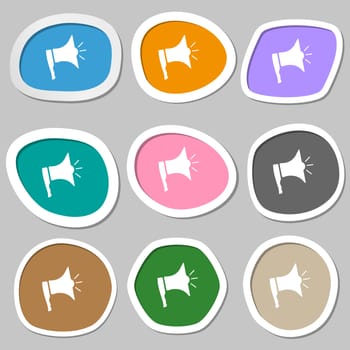 Megaphone soon icon. Loudspeaker symbol. Multicolored paper stickers. illustration