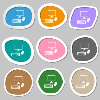 Computer widescreen monitor, keyboard, mouse sign icon. Multicolored paper stickers. illustration