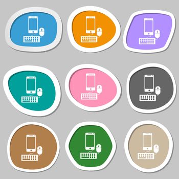 smartphone widescreen monitor, keyboard, mouse sign icon. Multicolored paper stickers. illustration