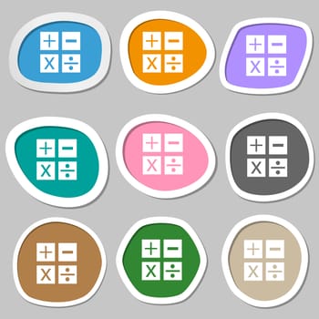 Multiplication, division, plus, minus icon Math symbol Mathematics. Multicolored paper stickers. illustration