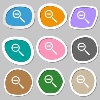 Magnifier glass, Zoom tool icon sign. Multicolored paper stickers. illustration