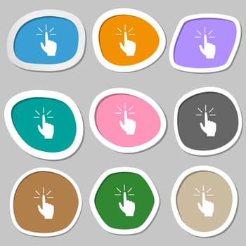 Click here hand icon sign. Multicolored paper stickers. illustration