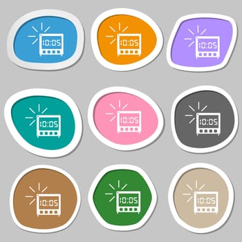 digital Alarm Clock icon sign. Multicolored paper stickers. illustration
