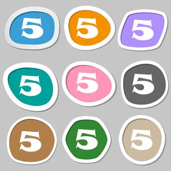 number five icon sign. Multicolored paper stickers. illustration