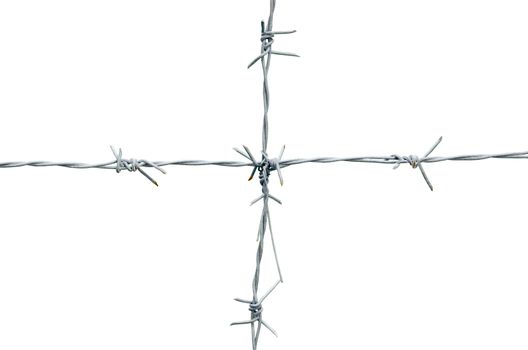 Rusty barbed wire vertically attached to the horizontal. Isolated on white background. clipping path.
