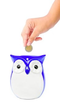 hand putting coin into a owl bank isolated on white background. saving money concept.