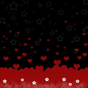 Red hearts and star on black background.