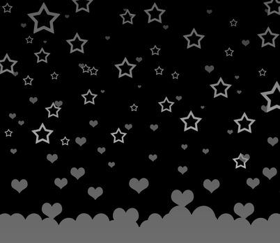 Black hearts and star on black background.