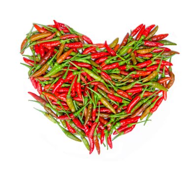 heart shape of red spicy chili on white background.