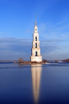 The flooded bell tower on river Volga at winter, Kalyazin, Russia