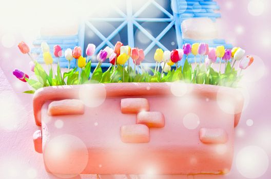 soft focus of Vintage tulip flowers and soft bokeh on wall.