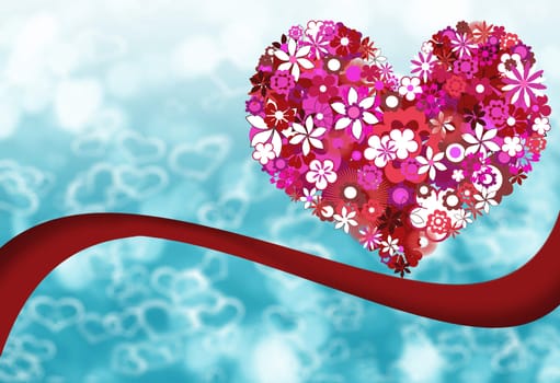 Pink flowers heart on blue bokeh background.
