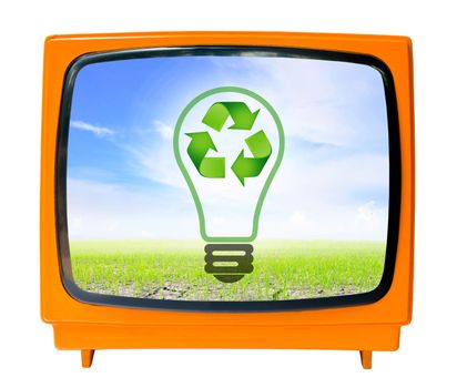 vintage television with blue sky and recycle sign, clipping path. eco friendly concept.