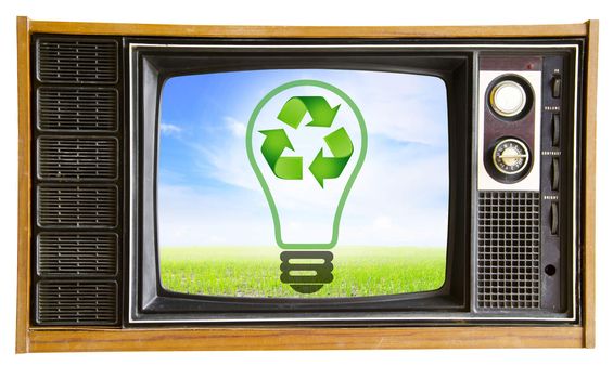 vintage television with blue sky and recycle sign, clipping path. eco friendly concept.