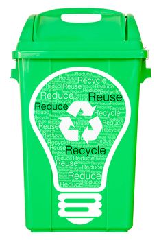 green trash on isolated white background and text Reuse Recycle Reduce, clipping path.