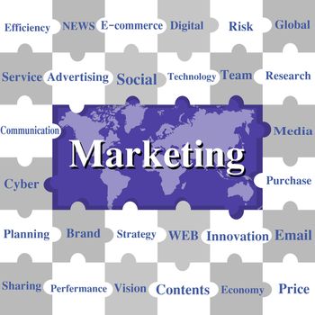 Jigsaw puzzles wording of Marketing on world map background.