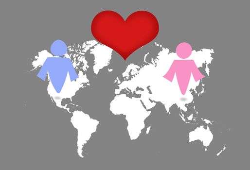 Man and woman symbol on world map. Love across concept.