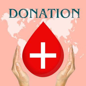 Blood donation and hand medicine help hospital save life heart on map world background