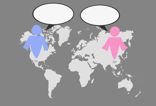 Man and woman symbol on world map and blank board. communication concept.