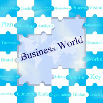 Jigsaw puzzles wording of Business World on world map background.