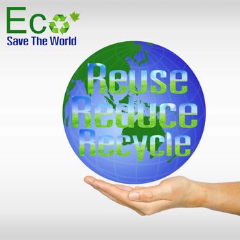 Hand and globe. Reuse Reduce Recycle. Eco concept.