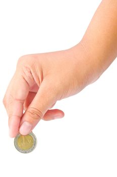 Thai bath coins in women hand isolated on white background.