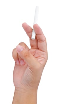 Woman hand holding a cigarette on white background