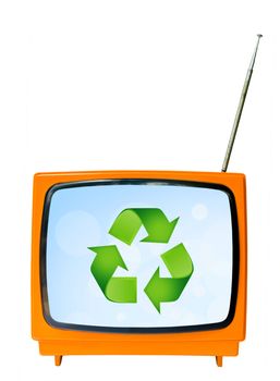 vintage television with blue sky and recycle sign, clipping path. eco friendly concept.