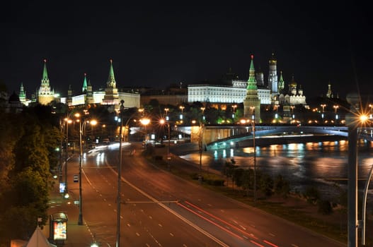 Night view to the Moscow Kremlin from the Patriarchal bridge. Moscow. Russia