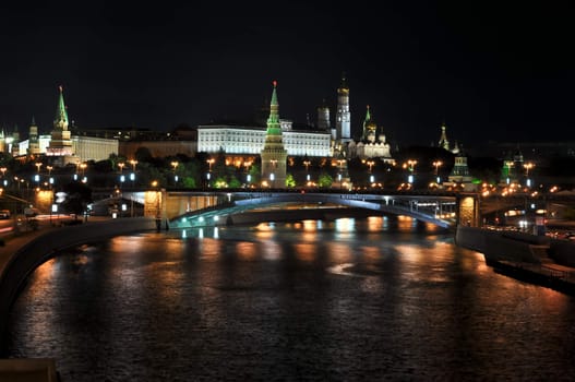 Night view to the Moscow Kremlin from the Patriarchal bridge. Moscow. Russia