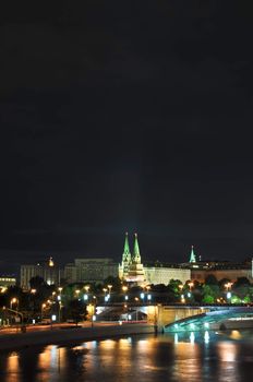 Night view to the Moscow Kremlin from the Patriarchal bridge. Moscow. Russia