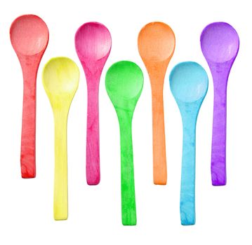 many color of wooden spoon isolated on white background, clipping path