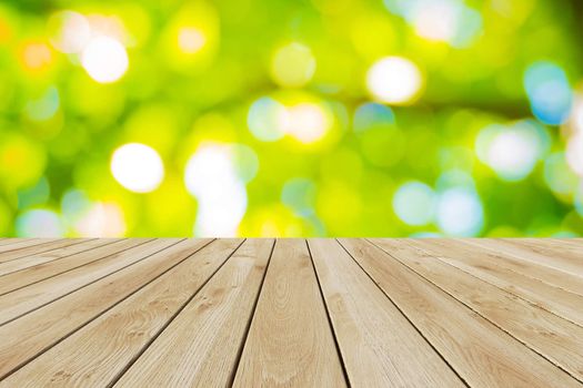 Perspective wood and bokeh light background. product display template