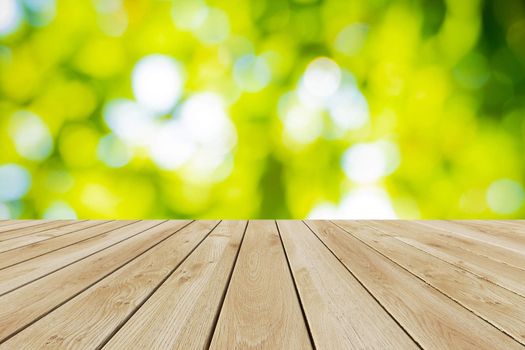 Perspective wood and bokeh light background. product display template