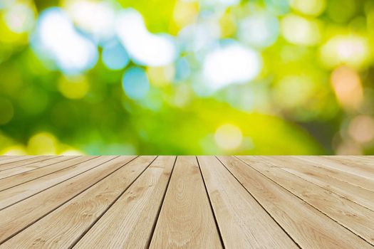 Perspective wood and bokeh light background. product display template