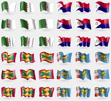 Algeria, Saint Martin, Grenada, Saint Pierre and Miquelon. Set of 36 flags of the countries of the world. illustration