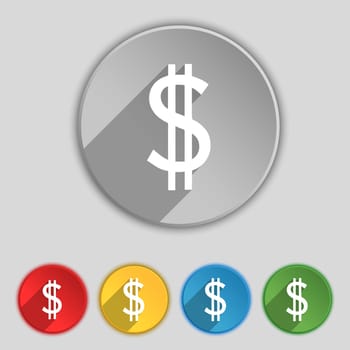 Dollars sign icon. USD currency symbol. Money label. Set of colored buttons. illustration