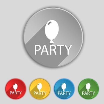 Party sign icon. Birthday air balloon with rope or ribbon symbol. Set of colored buttons. illustration