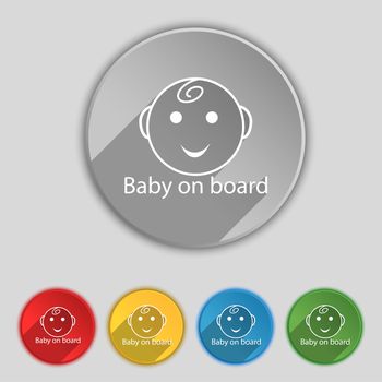 Baby on board sign icon. Infant in car caution symbol. Set of colored buttons. illustration
