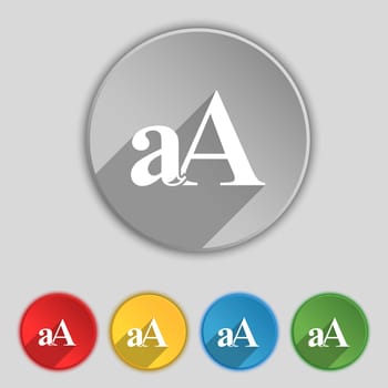 Enlarge font, aA icon sign. Symbol on five flat buttons. illustration